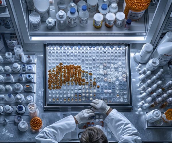 Photo of a pharmacist in a compact pharmacy, preparing a custom medication with precision. The image is taken from a top-down view, showing the pharmacist’s careful work and the small, well-organized workspace. --chaos 13 --ar 4:5 --stylize 300 Job ID: 5ad4a7f8-a95a-4be4-a41a-ebade4ff4b43