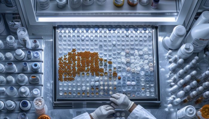 Photo of a pharmacist in a compact pharmacy, preparing a custom medication with precision. The image is taken from a top-down view, showing the pharmacist’s careful work and the small, well-organized workspace. --chaos 13 --ar 4:5 --stylize 300 Job ID: 5ad4a7f8-a95a-4be4-a41a-ebade4ff4b43